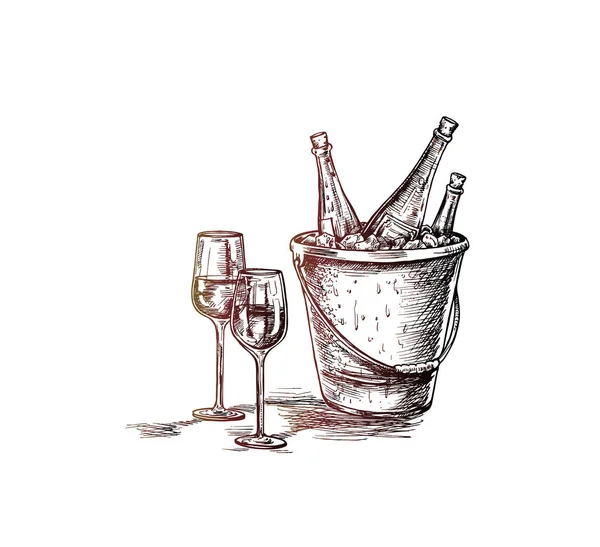 Şarap şişesi, kırmızı şarap bir bardak kroki. El çizilmiş Sketch Vect — Stok Vektör