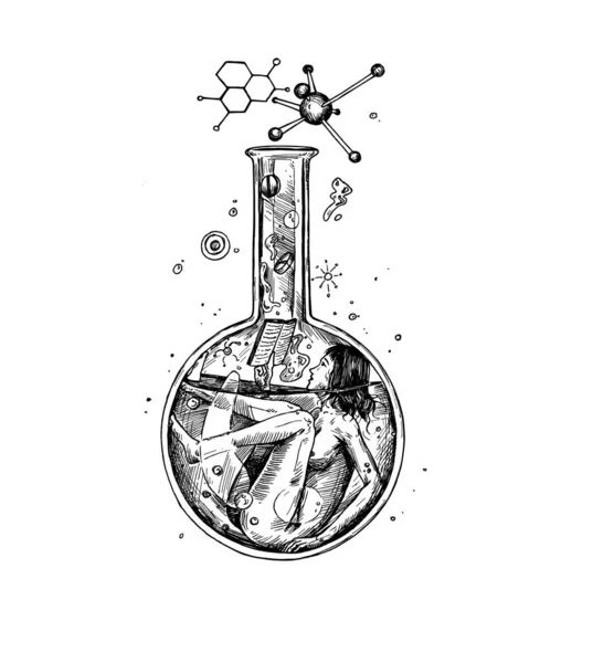 Doodle de la mujer científica con una química de lectura de vidrio química — Vector de stock