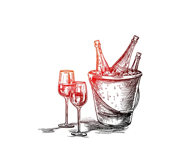 Bosquejo de botella de vino, copa de vino tinto. Vecto de boceto dibujado a mano — Vector de stock