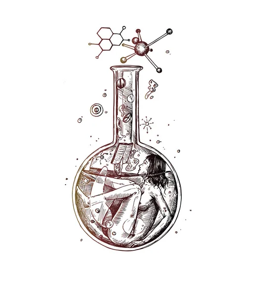 Doodle van wetenschapper vrouw met een scheikunde glas lezing chemica — Stockvector