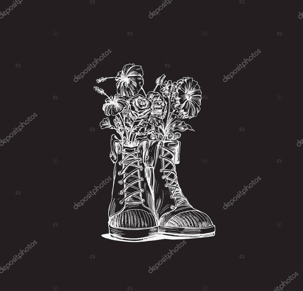 Hipster sneakers in hand drawn graphic, Vector fashion illustration.