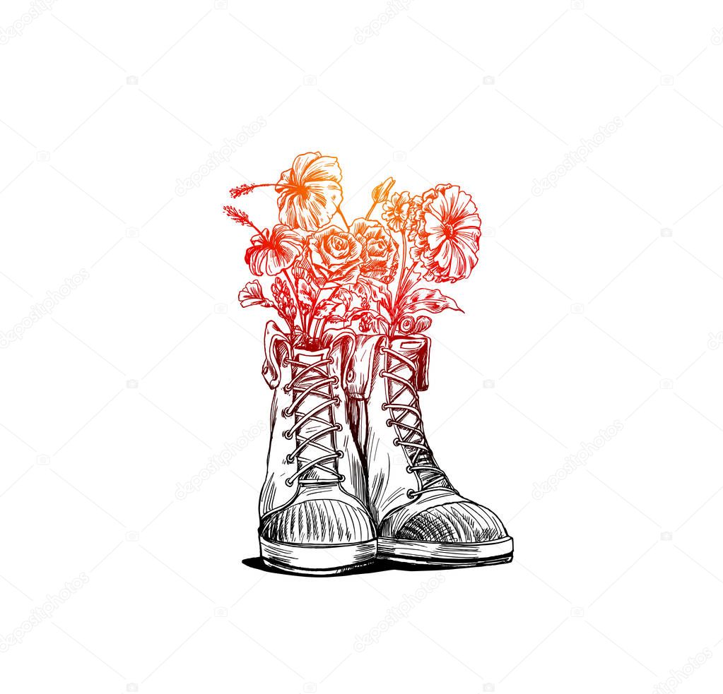 Hipster sneakers in hand drawn graphic, Vector fashion illustration.