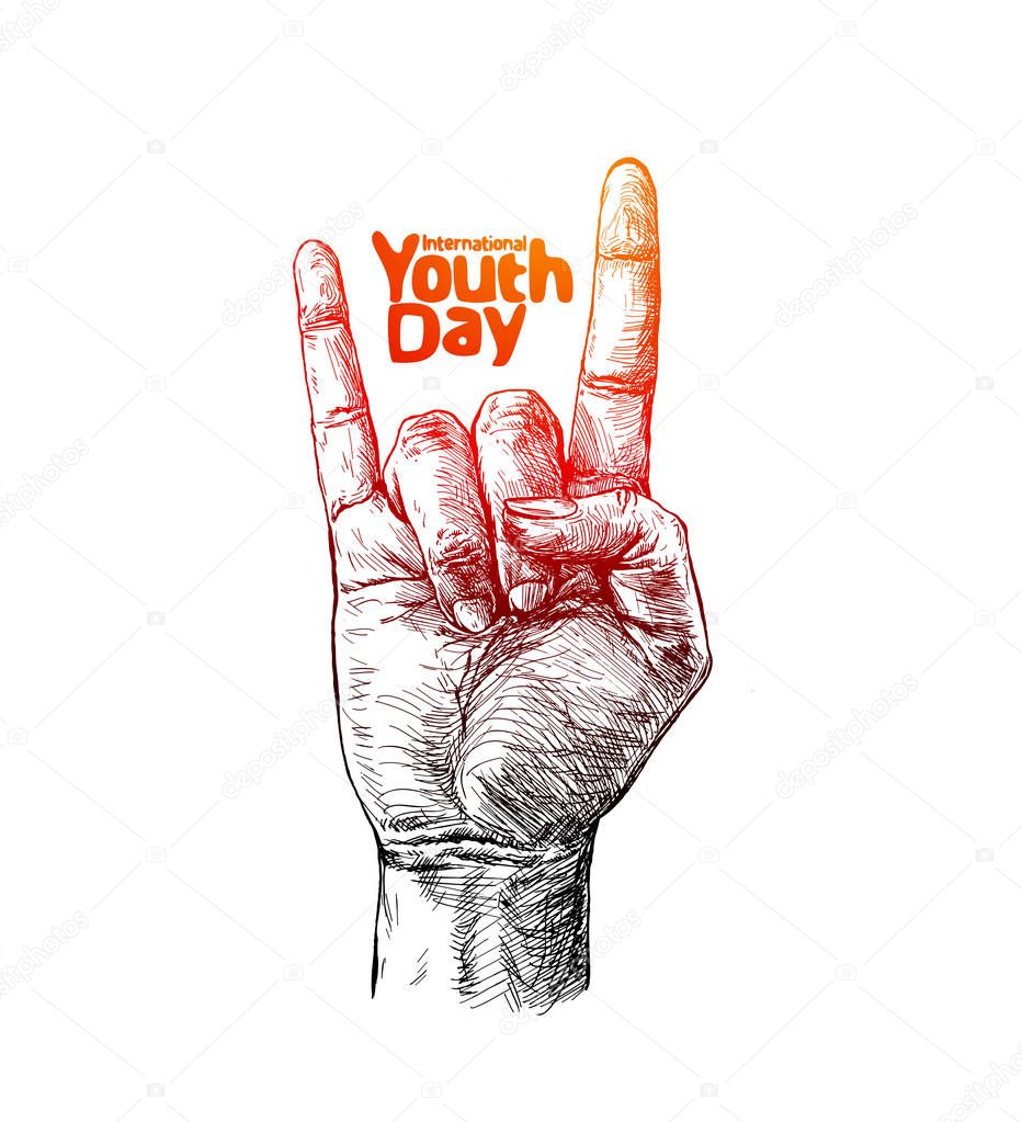 Rock and roll sign with text of international youth day. Hand drawn Sketch illustration Design.