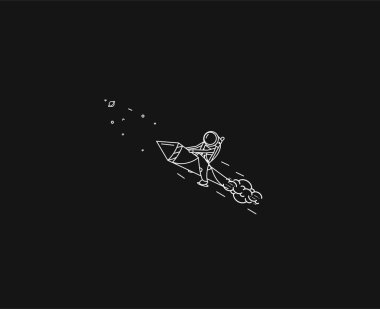 Astronot roket uçan, el çizilmiş kroki vector illustr