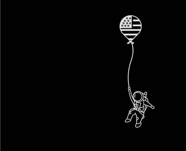 USA flagga ballong hängande astronauter rymduppdrag, platt linje konst — Stock vektor