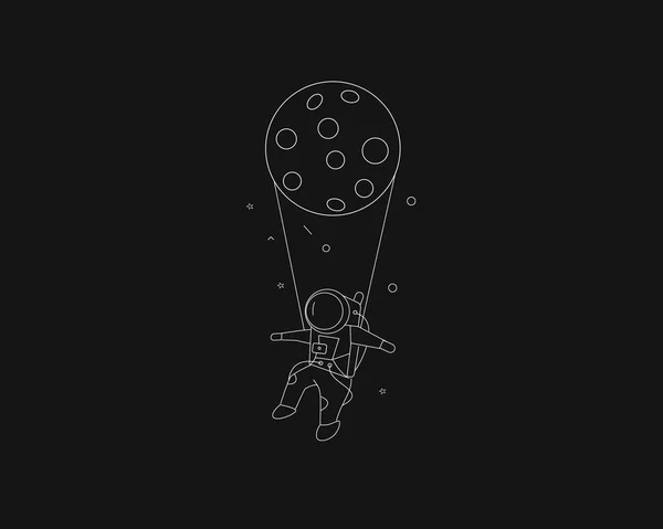 Moon Balloon Hanging Astronaut поднимается по лестнице - Flat Line Art — стоковый вектор