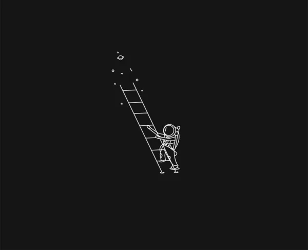 Astronauta sube las escaleras - Flat Line Art Design Illustration . — Vector de stock