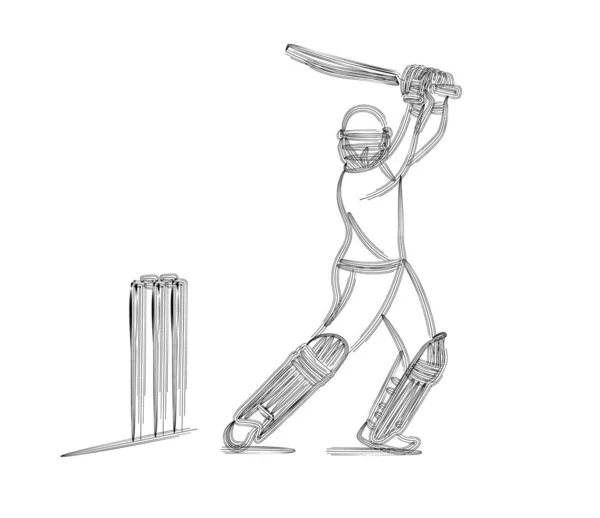 Concepto de Batsman Jugando Cricket - campeonato, Line art des — Archivo Imágenes Vectoriales