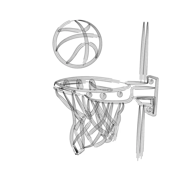 Baloncesto canasta tiro, aro, juego, ilustración de vectores de arte de línea — Vector de stock
