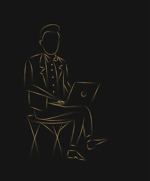 Молодой человек сидит с ноутбуком, Line Art Design Vector Illustrati — стоковый вектор