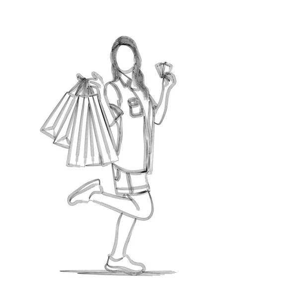 Mode flicka med shoppingväska. Platt linje Art vektor illustratio — Stock vektor