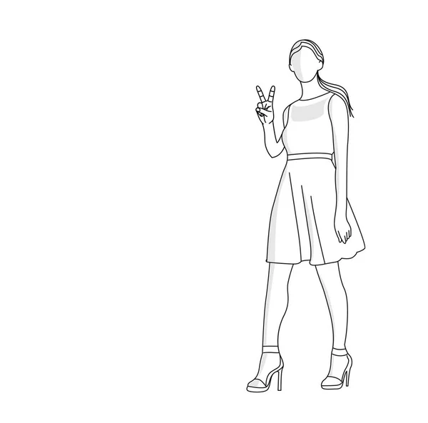 Femme heureuse montrant signe de victoire - Flat Line art vectoriel Design . — Image vectorielle
