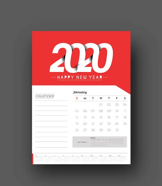 Bonne année 2020 Calendrier - Nouvel An éléments de conception de vacances — Image vectorielle