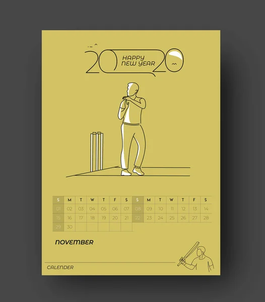 Feliz año nuevo 2020 Calendario Cricket Poster Event - Año Nuevo Hol — Archivo Imágenes Vectoriales