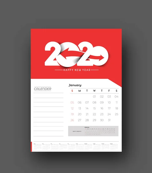 新年快乐 2020 日历 - 新年假期设计元素 — 图库矢量图片