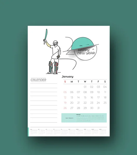 Feliz año nuevo 2020 Calendario Cricket Poster Event - Año Nuevo Hol — Archivo Imágenes Vectoriales