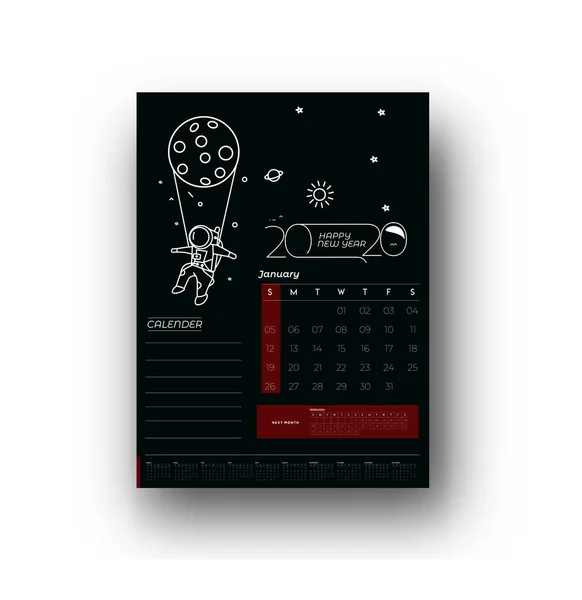 Bonne année 2020 Astronaute Calendrier - Nouvel An Design de vacances — Image vectorielle