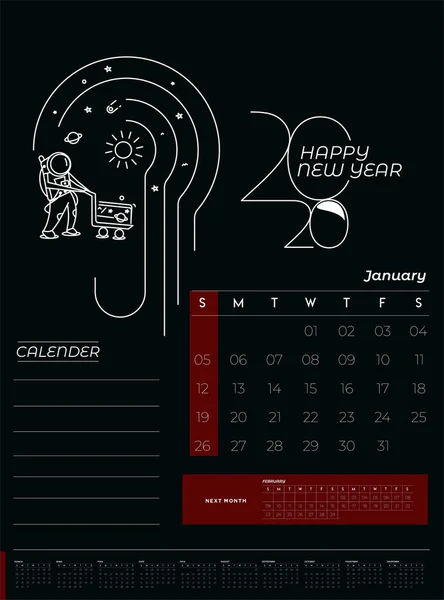 Bonne année 2020 Astronaute Calendrier - Nouvel An Design de vacances — Image vectorielle