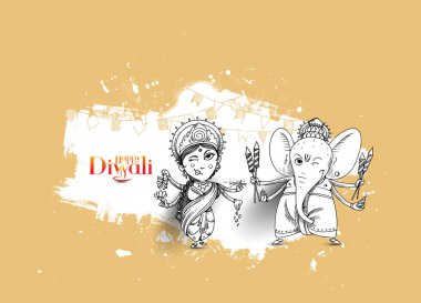 Hindu Tanrı Laxmi Ganesh Diwali Festivali'nde, El Çizilmiş Sketch Vec