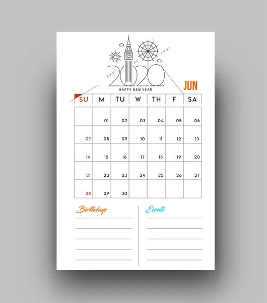 Ευτυχισμένο το νέο έτος 2020 ημερολόγιο-νέα χρονιά στοιχεία σχεδιασμού διακοπών — Διανυσματικό Αρχείο