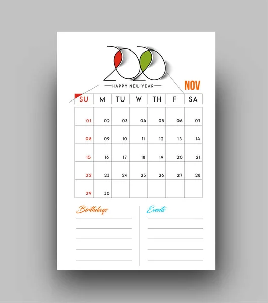 Happy new year 2020 Calendar - New Year Holiday design elements — Stock Vector