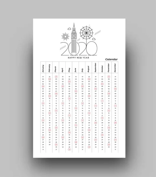 Feliz año nuevo 2020 Calendario - Año Nuevo Elementos de diseño de vacaciones — Archivo Imágenes Vectoriales