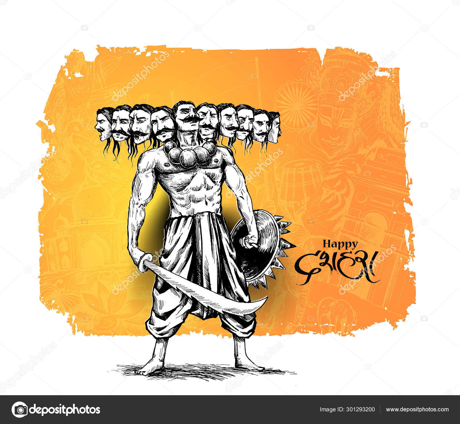 Dussehra celebration - Angry Ravana with ten heads, Hand Drawn S Stock  Vector Image by ©redshinestudio #301293200