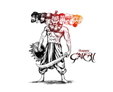 Dussehra kutlama - On kafaları ile Angry Ravana, El Çizilmiş S