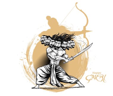 Dussehra kutlama - On kafaları ile Angry Ravana, El Çizilmiş S