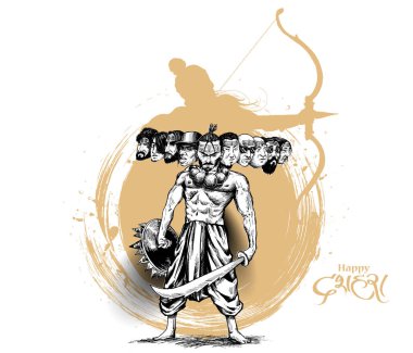 Dussehra kutlama - On kafaları ile Angry Ravana, El Çizilmiş S