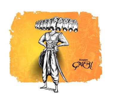 Dussehra kutlama - On kafaları ile Angry Ravana, El Çizilmiş S