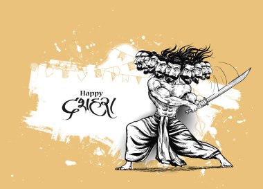 Dussehra kutlama - On kafaları ile Angry Ravana, El Çizilmiş S