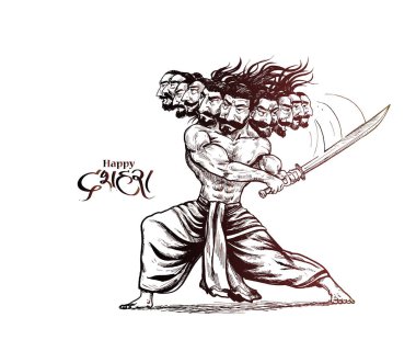 Dussehra kutlama - On kafaları ile Angry Ravana, El Çizilmiş S