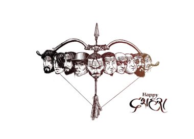 Dussehra kutlama - Ravana yay ve ok, El ile on baş