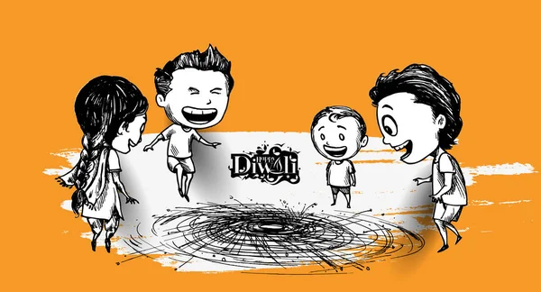 Lindos niños indios disfrutando de petardo celebrando Diwali, Hand D — Vector de stock