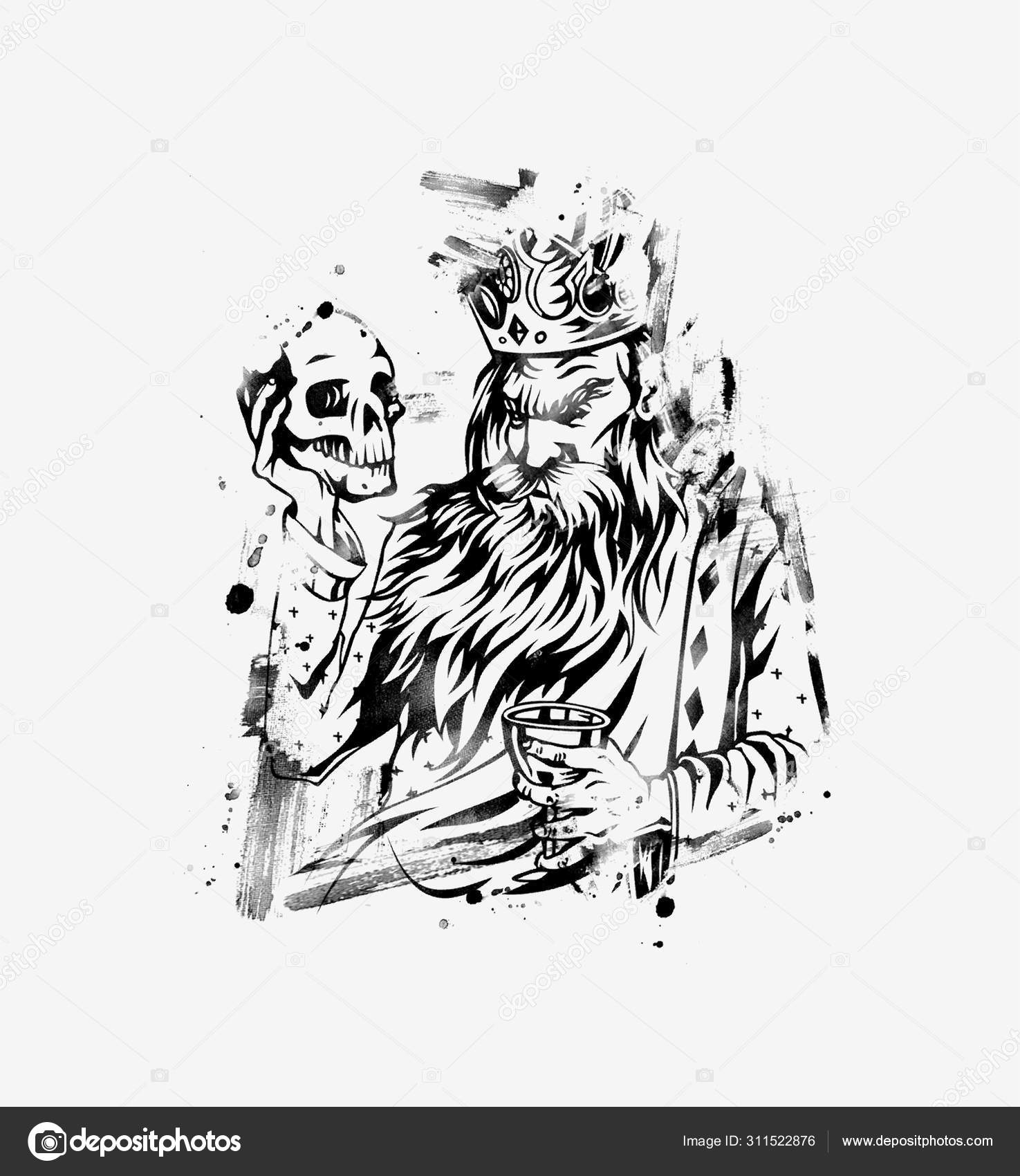 King hand holding skull with glass of wine, vector illustration. Stock