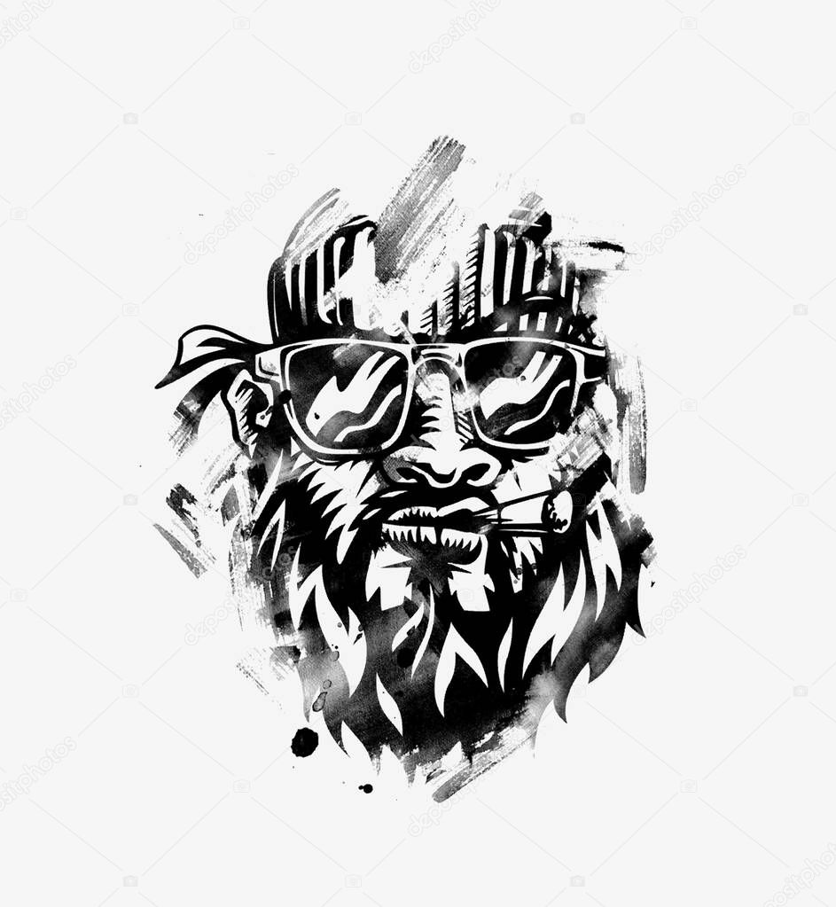 Hipster smoker man. Hand-drawn hipster dude with mustache and beard. Weed Cigarette. Vector. Stickers, logo, Emblem