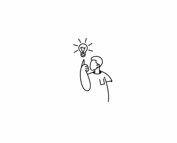 ライトアイデア電球を見て良いアイデアを持っている男 漫画ハンドドロースケッチベクトルイラスト — ストックベクタ
