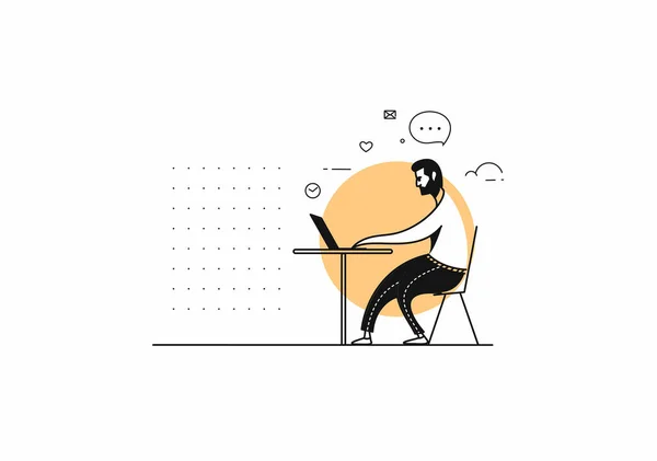 Homme Indépendant Travaillant Sur Son Bureau Avec Ordinateur Portable Illustration — Image vectorielle