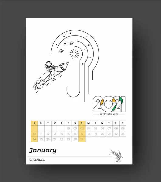 Bonne Année 2021 Calendrier Avec Des Éléments Conception Astronaute Pour — Image vectorielle