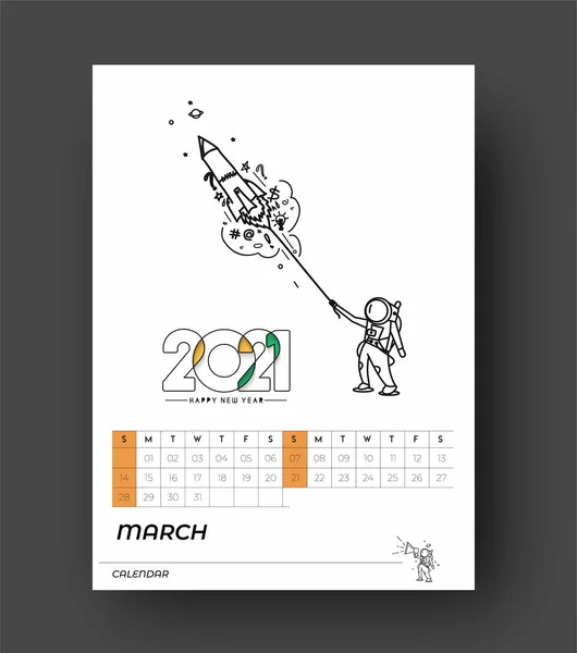 Feliz Año Nuevo 2021 Calendario Con Elementos Diseño Astronauta Para — Archivo Imágenes Vectoriales