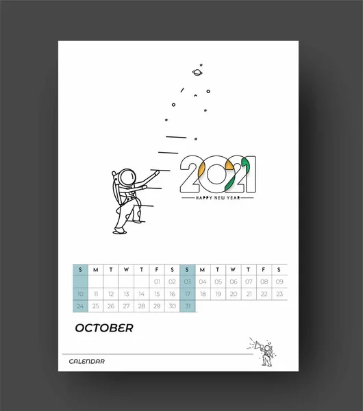 Frohes Neues Jahr 2021 Kalender Mit Astronautendesign Elementen Für Urlaubskarten — Stockvektor