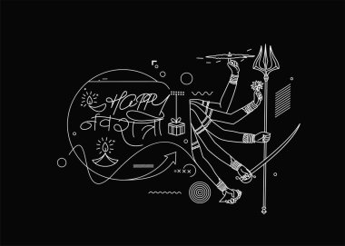 Hindu Festivali için Durga Puja Arkaplan Tanrıçası Durga El Tarzı Hintçe metin Shubh Navratri veya Durga Pooja, El Çizimi Sanat Vektörü ilülasyonu.