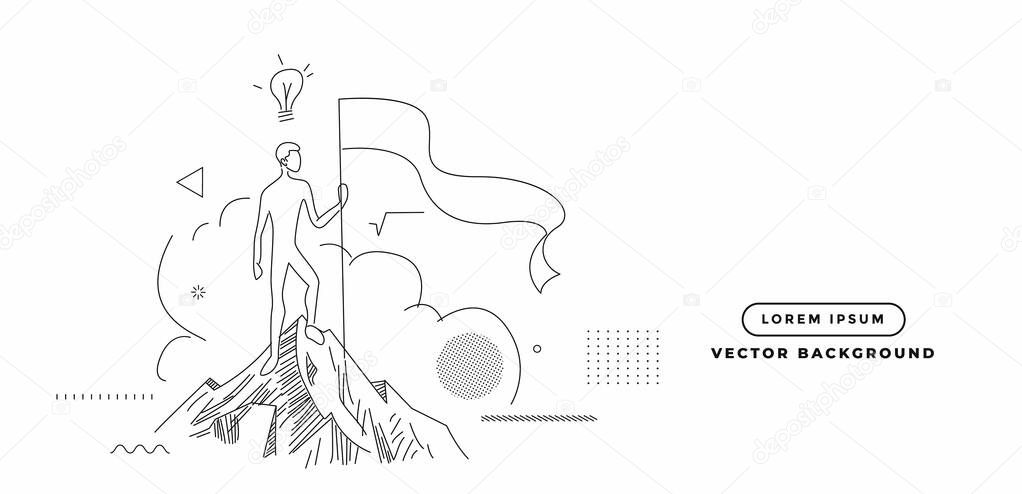 Climber with flag conquering top of mountain. Hand Drawn Vector Background.
