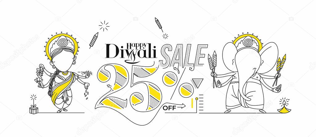 Diwali Hindu festival Poster, Abstract Flat 25% Sale Poster Banner Vector illustration.
