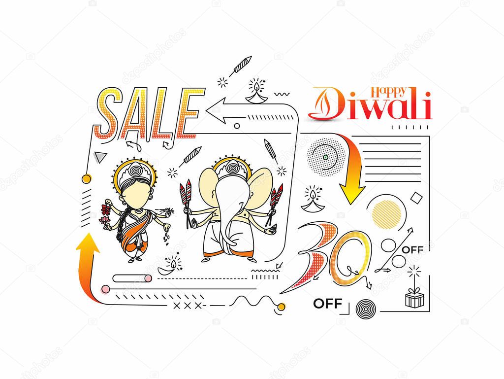 Diwali Hindu festival Poster, Abstract Flat 30% Sale Poster Banner Vector illustration.
