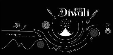 Roket havai fişek dizaynlı Mutlu Diwali metinleri. Poster Sancak Vektörü illüstrasyonu.