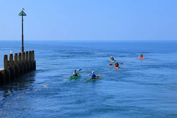 Kayaker Проходження Дерев Яні Хвилеріз Березі Моря Біля Міста Seaton — стокове фото