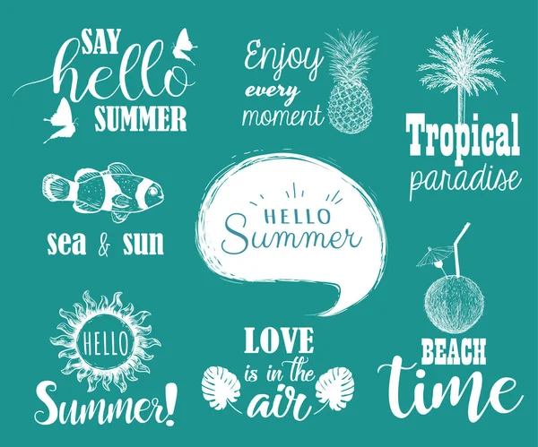 Γεια σας καλοκαιρινό σετ. Συλλογή χέρι γραμμάτων με καλοκαίρι φράσεις — Διανυσματικό Αρχείο