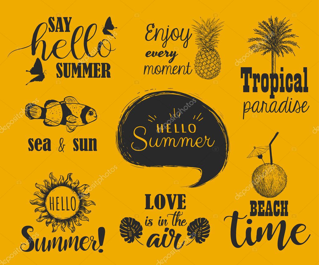 Hello summer set. Collection of hand lettering with summer phrases and sketches.